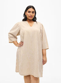 Striped dress with 3/4 sleeves, Camel Stripe, Model