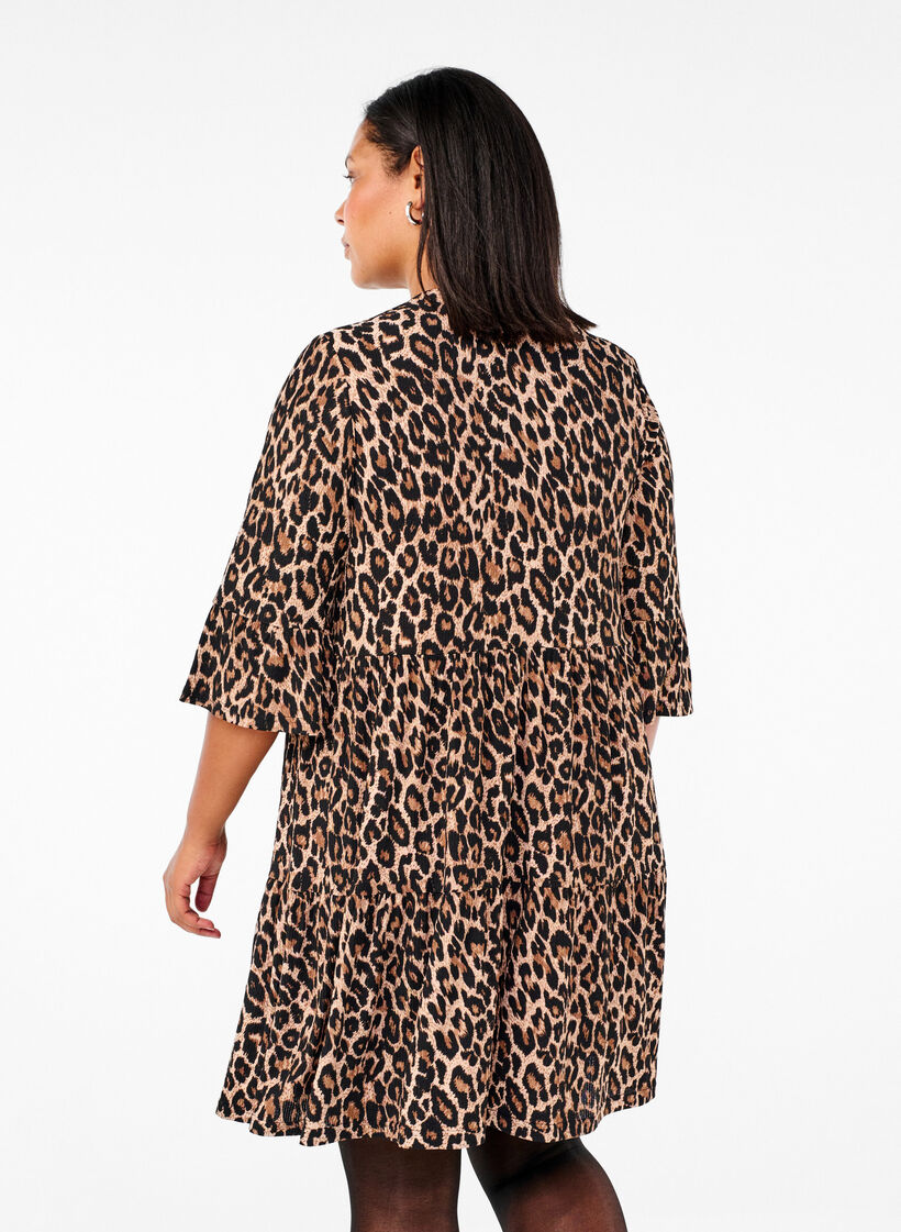 Short A-line dress with leopard print, Brown, Model image number 2