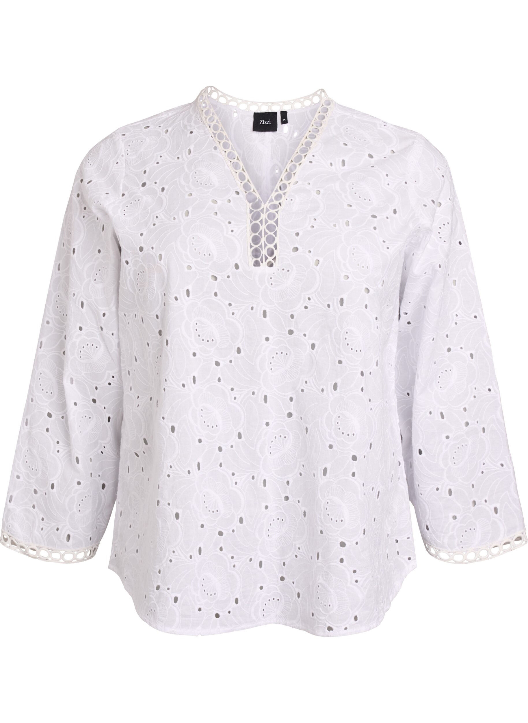 Zizzifashion Long-sleeved cotton blouse with broderie anglaise, White, Packshot image number 0