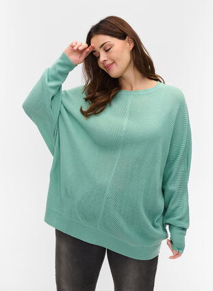 Knitted blouse with long sleeves and ribbed trim, Dusty Jade Green, Model image number 0