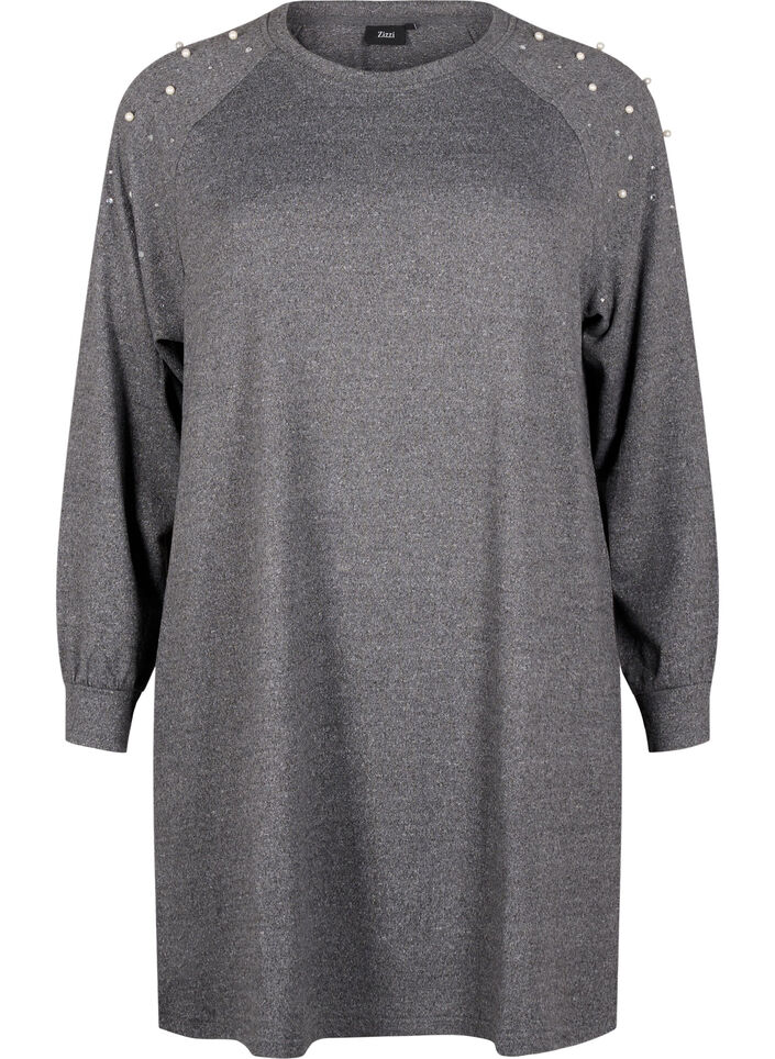Long-sleeved dress with pearls, Dark Grey, Packshot image number 0