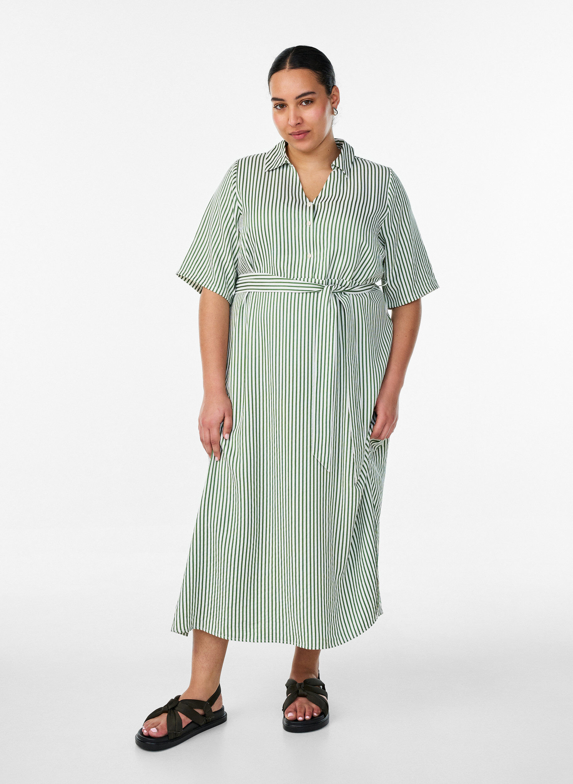 Zizzifashion Ankle-length shirt dress with tie belt and stripes, Green, Model image number 0