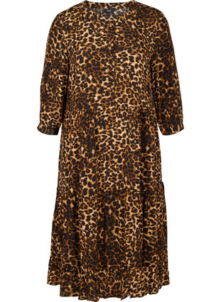 Viscose leopard print midid dress with 3/4 length sleeves, Raw Umber AOP, Packshot image number 0