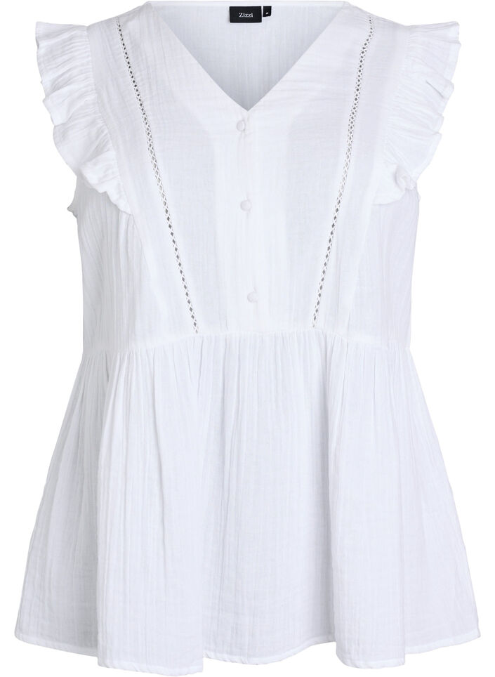 Sleeveless cotton muslin blouse with ruffles, White, Packshot image number 0