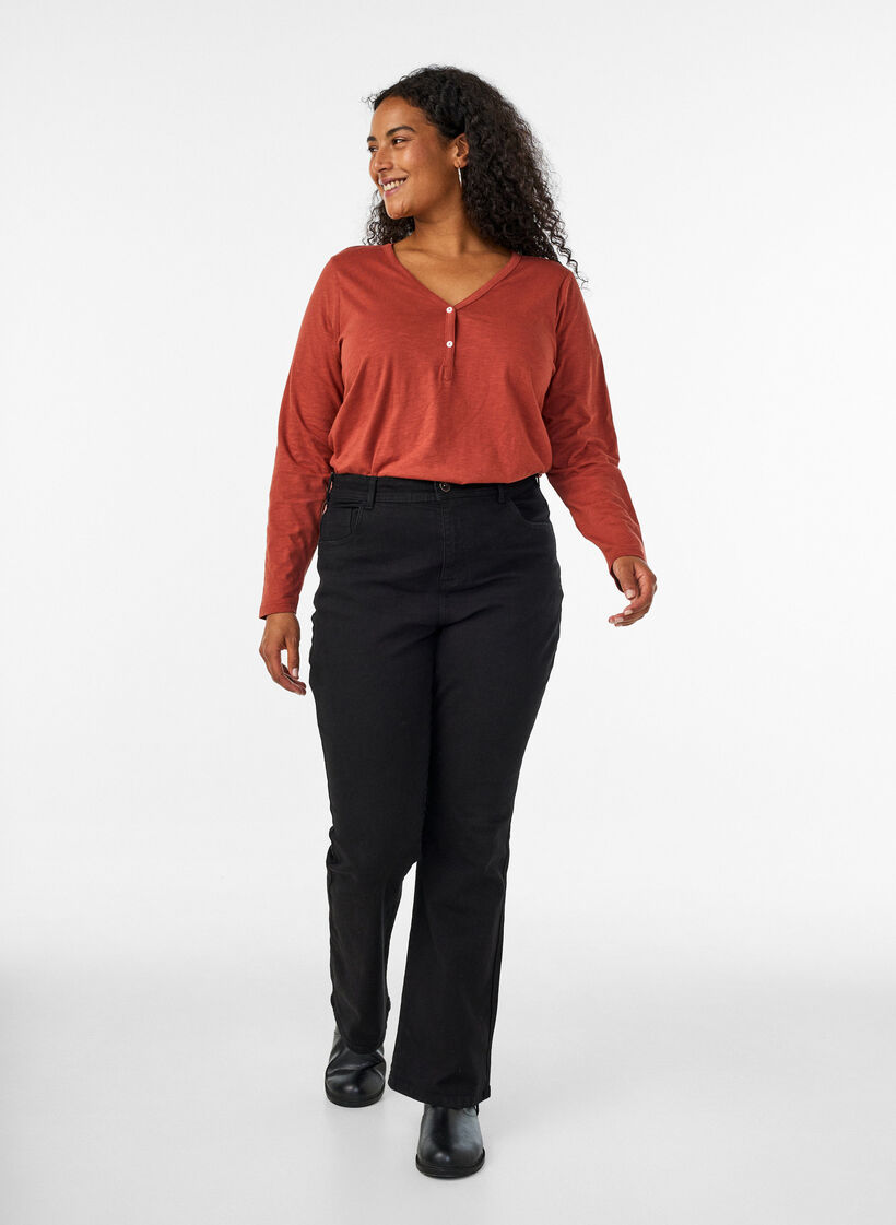 Long-sleeved t-shirt with V-neck and buttons, Brown, Model image number 1