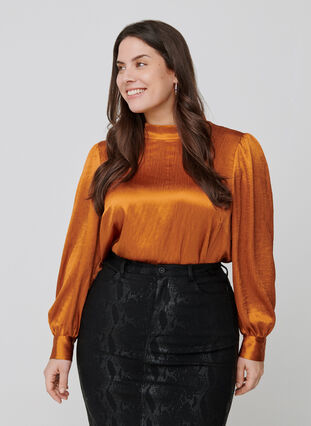 Shiny blouse with long puff sleeves, Buckthorn Brown, Model image number 0