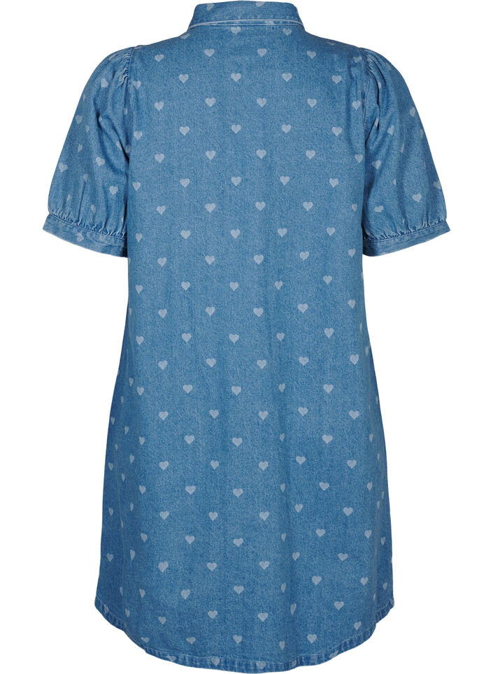 Short-sleeved denim dress with heart print, L. Blue D. w. Heart, Packshot image number 1