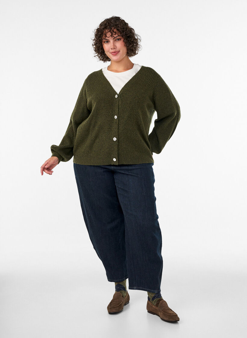 Cardigan with V-neck and ribbed texture, Green, Model image number 1