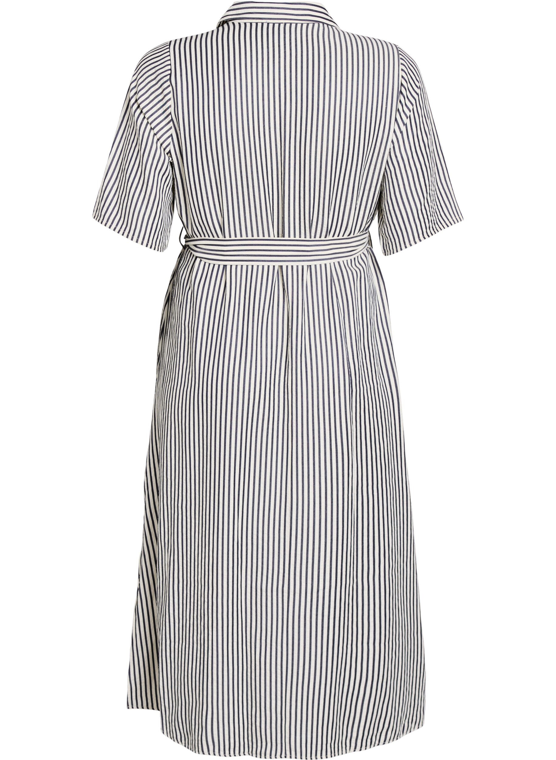 Zizzifashion Ankle-length shirt dress with tie belt and stripes, Black, Packshot image number 1