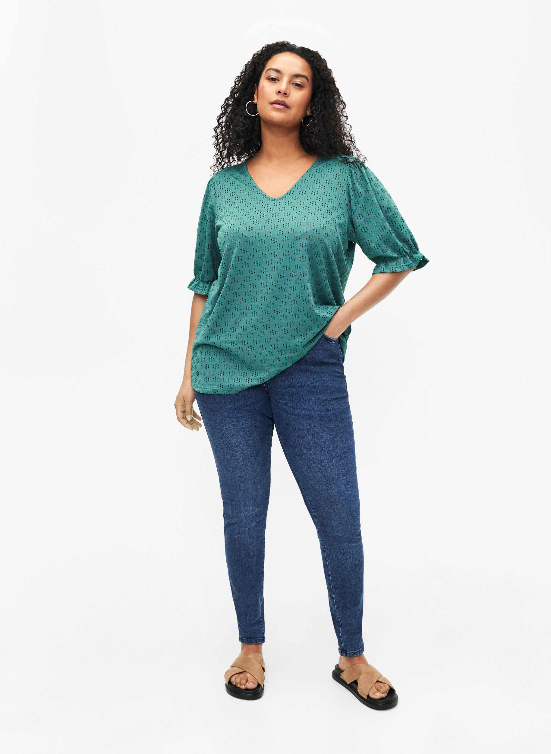 Zizzifashion V-neck blouse with hole pattern, Sea Pine, Model image number 2