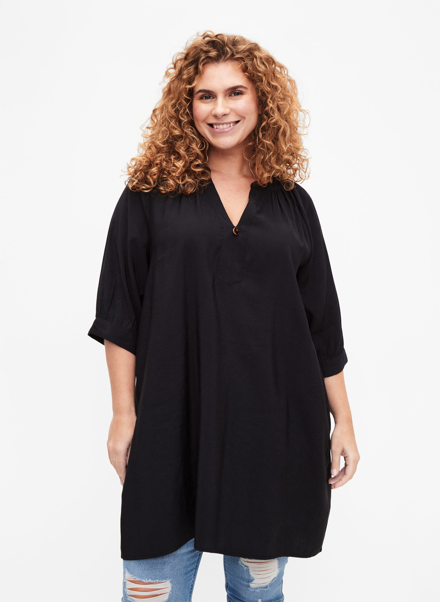 Zizzifashion Viscose tunic with 3/4 sleeves, Black, Model image number 0
