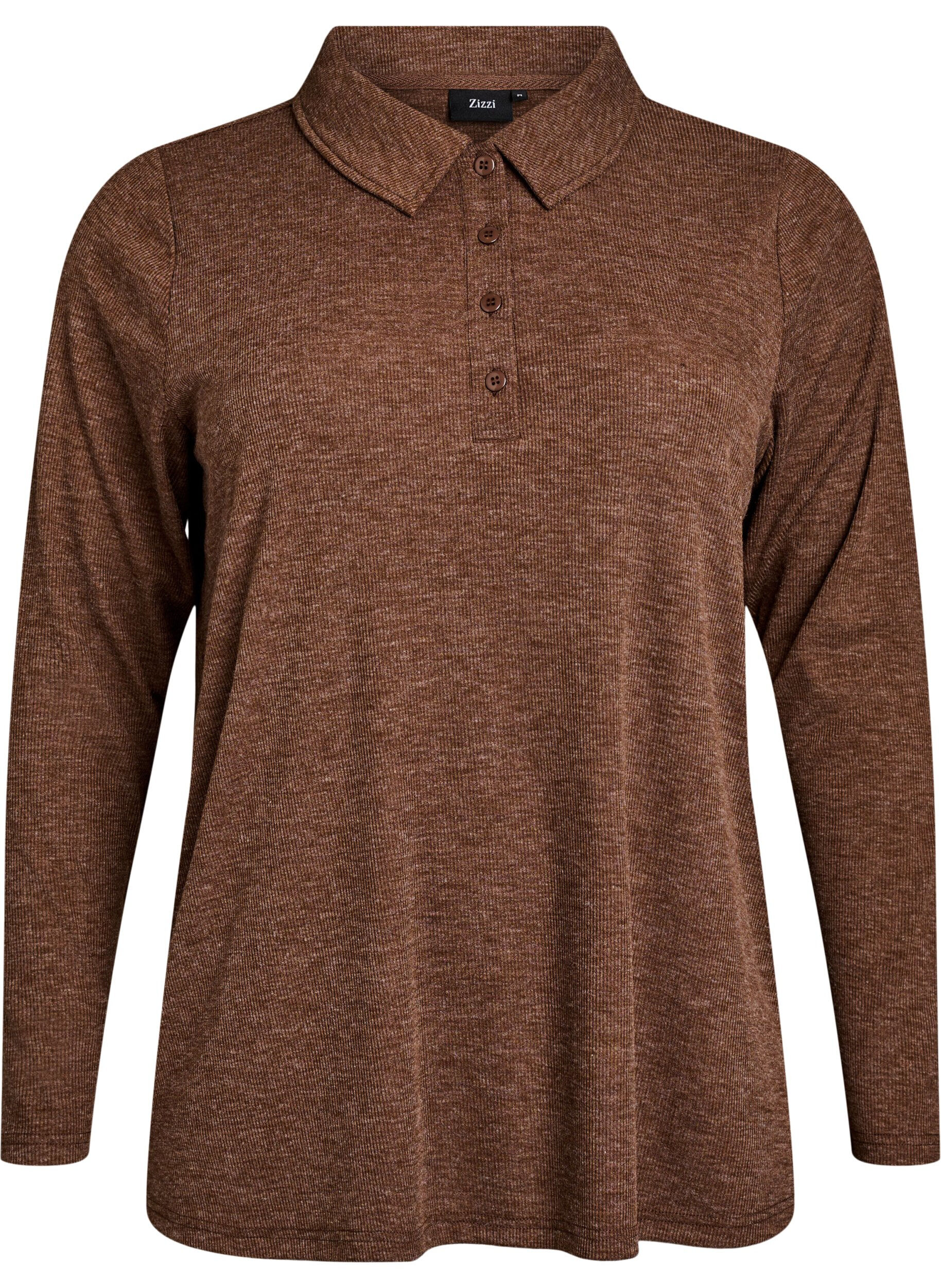 Zizzifashion Long-sleeved polo in stretchy ribbed quality, Brown, Packshot image number 0