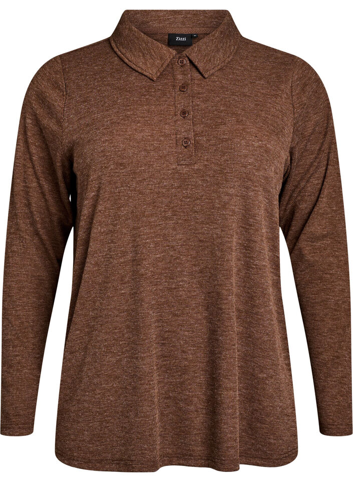Long-sleeved polo in stretchy ribbed quality, Brown, Packshot image number 0