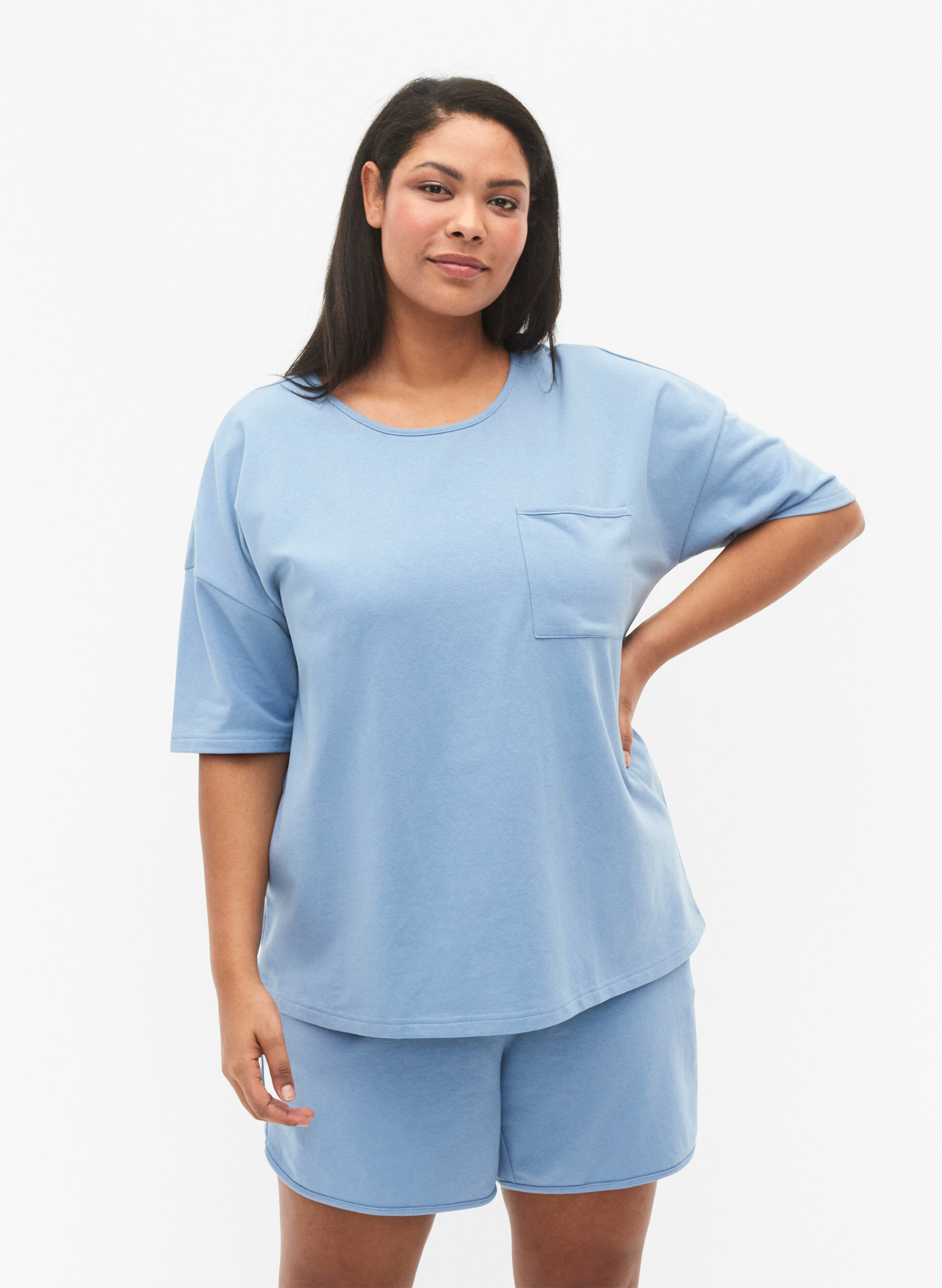 Zizzifashion Blouse with half sleeves, Faded Denim, Model image number 0