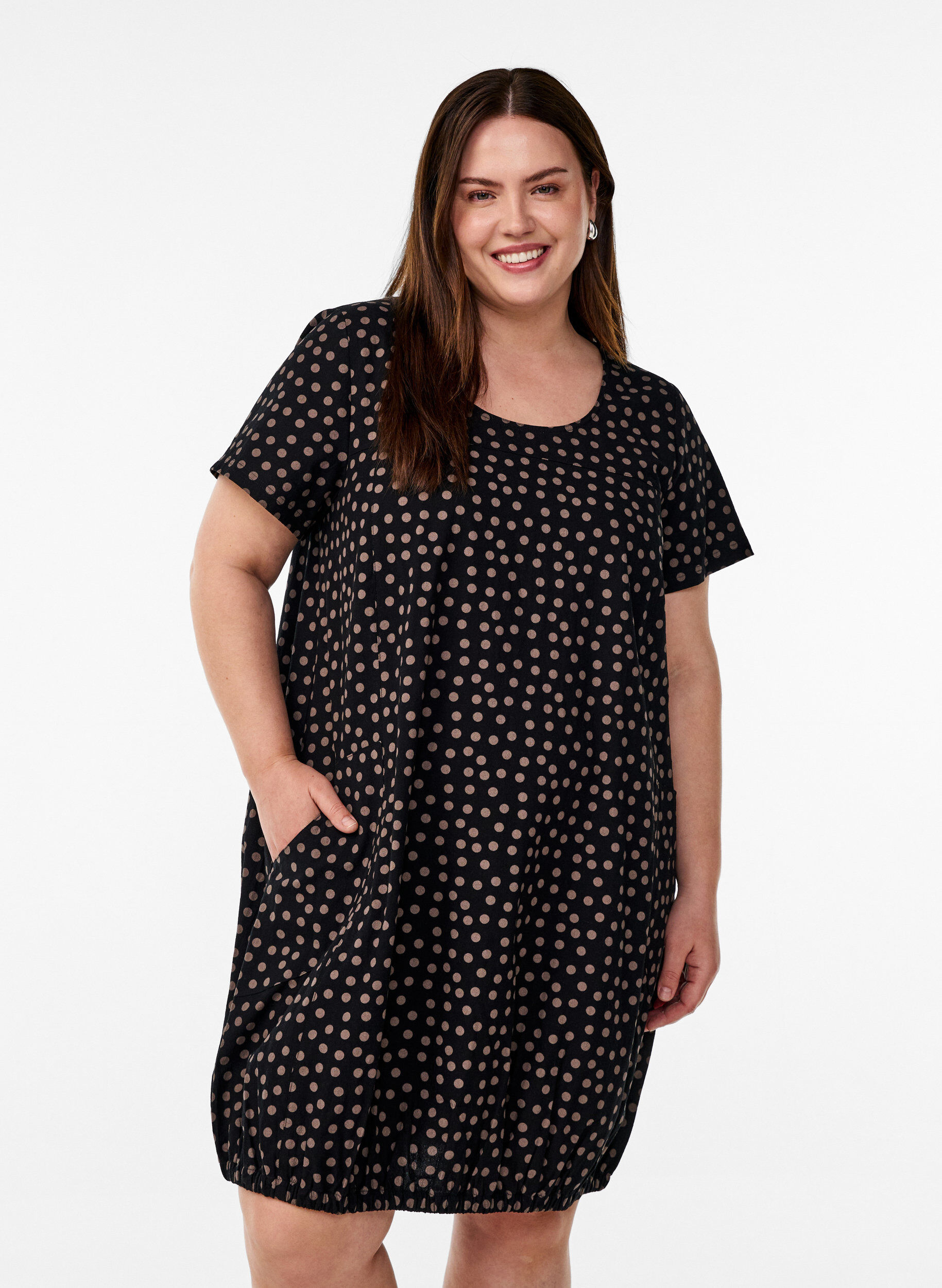 Zizzifashion Short-sleeved cotton dress with print, Brown, Model image number 0