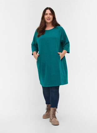 Promotional item - Cotton sweater dress with pockets and 3/4-length sleeves, Teal Green Melange, Model image number 2