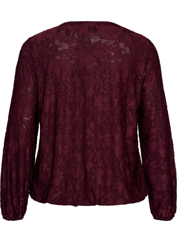 Sheer blouse with floral texture and long sleeves, Red, Packshot image number 1