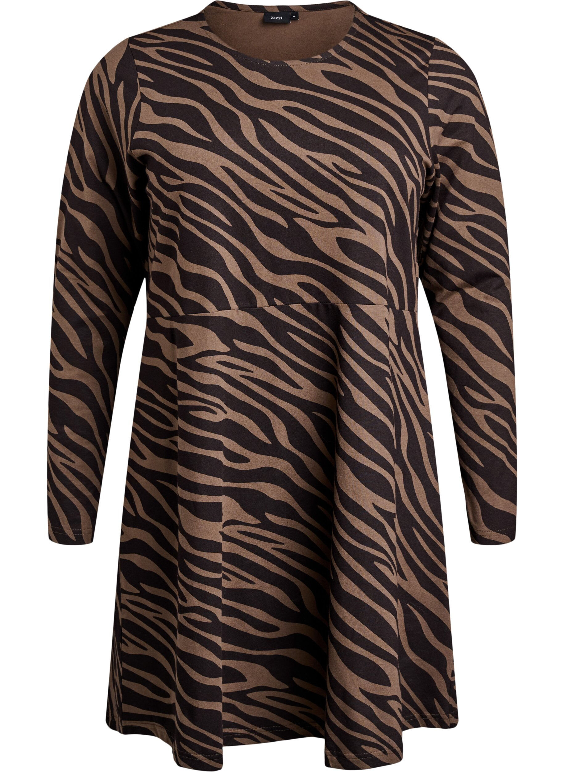 Zizzifashion Long-sleeved dress with round neck and zebra print, Walnut Zebra, Packshot image number 0