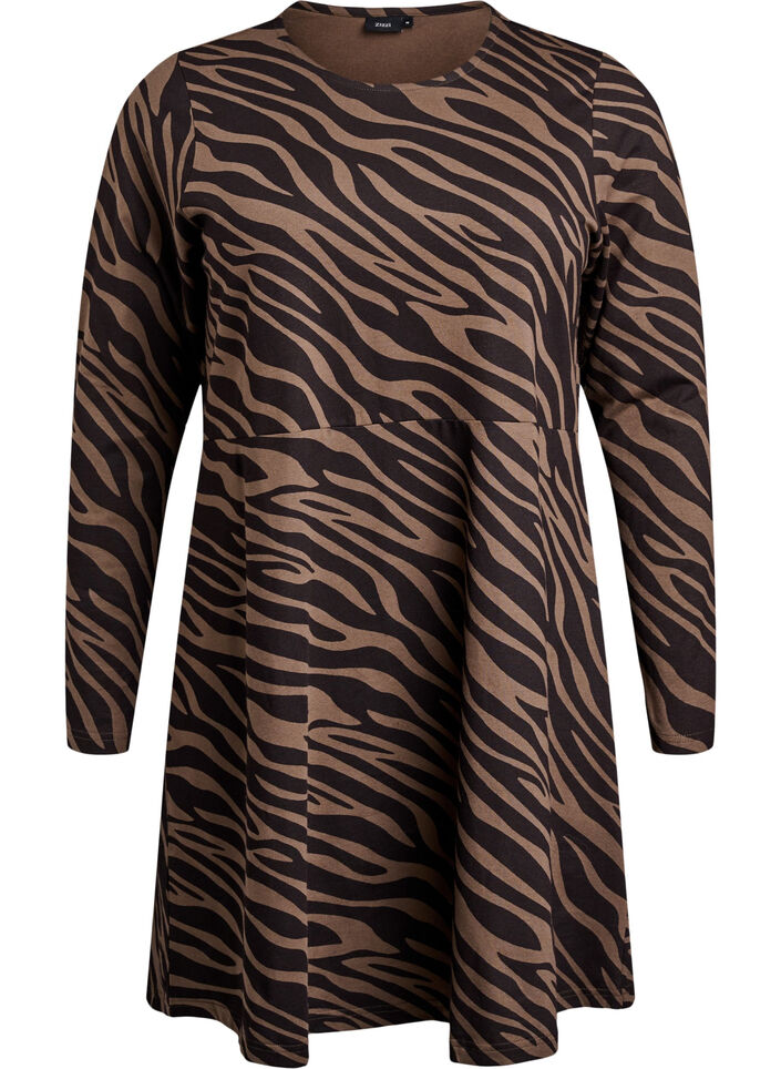 Long-sleeved dress with round neck and zebra print, Walnut Zebra, Packshot image number 0