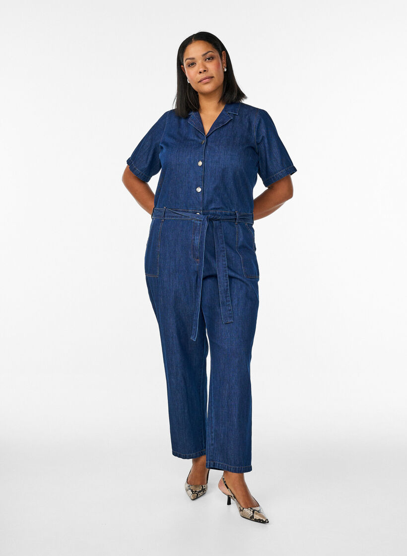 Denim jumpsuit with short sleeves and a tie belt, Blue, Model image number 0