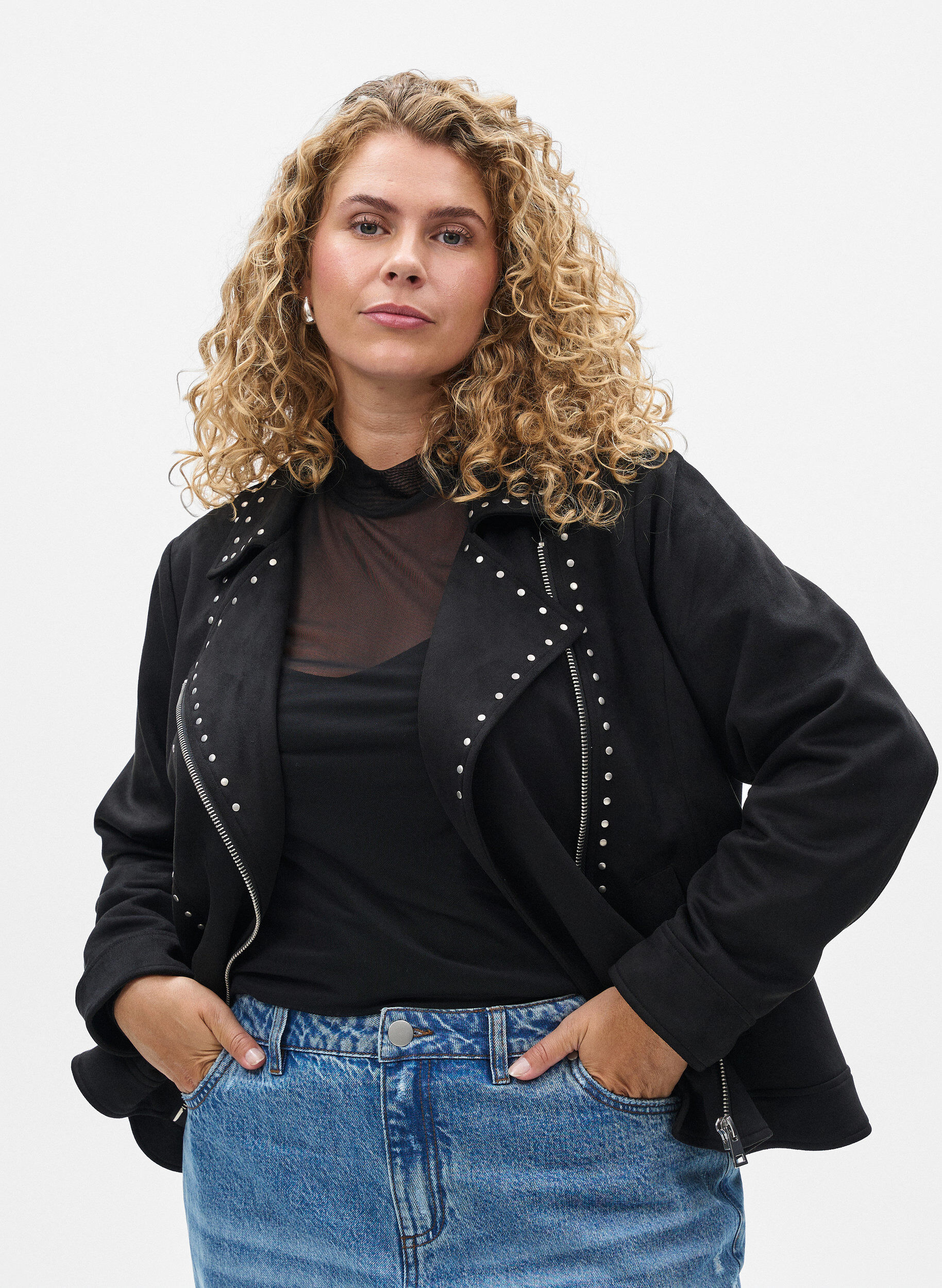 Faux suede biker jacket with studs, Black, Model