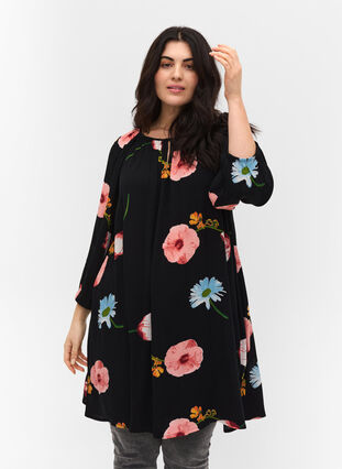 Printed viscose tunic with 3/4-length sleeves , Black Big Flower, Model image number 0