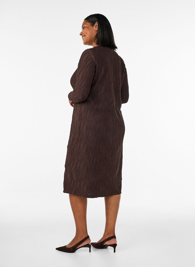 Midi dress with a wavy texture and long sleeves, Brown, Model image number 1