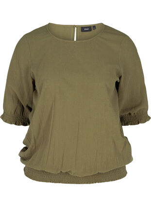 Short-sleeved cotton blouse with smock, Ivy Green, Packshot image number 0