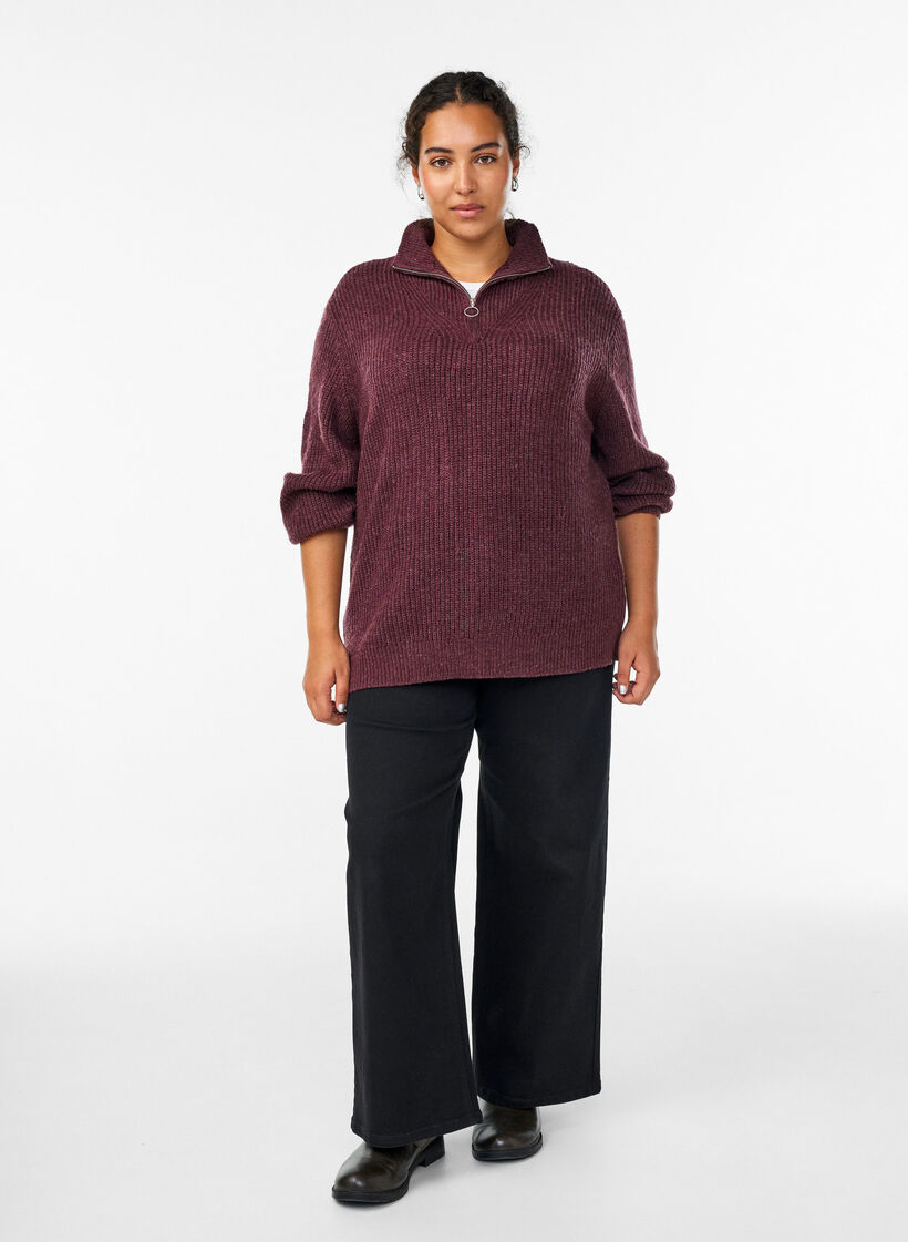 Knitted sweater with high neck and zipper, Red, Model image number 1
