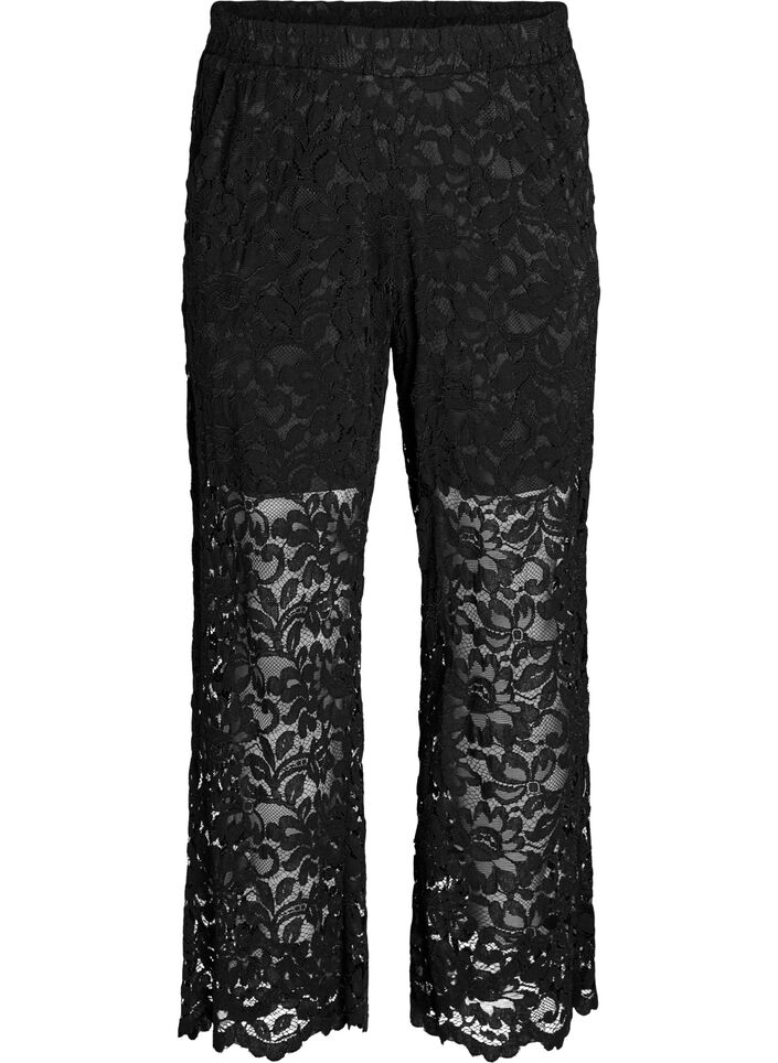 High-waisted lace trousers with straight legs, Black, Packshot image number 0