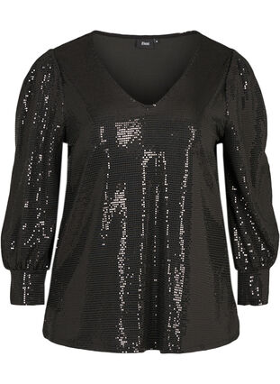 Sequined blouse with 3/4 length sleeves, Black, Packshot image number 0