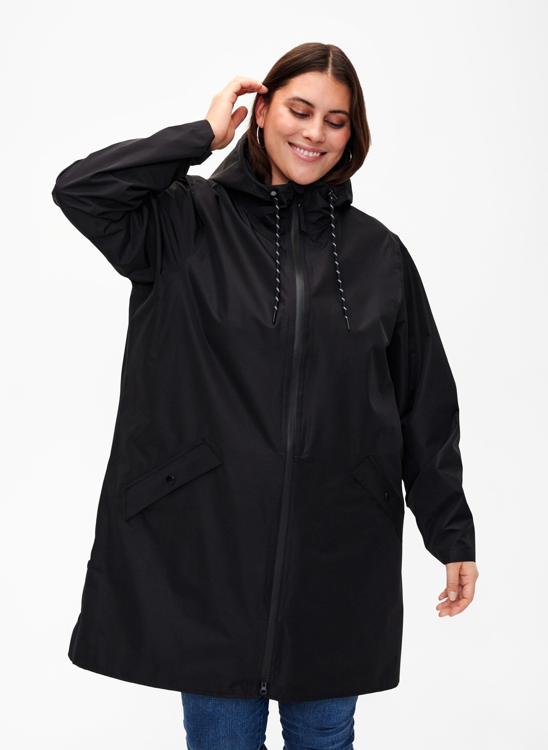 Raincoat with pockets and hood, Black, Model