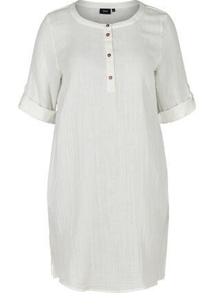 Cotton dress with buttons and 3/4 sleeves, Bright White, Packshot image number 0