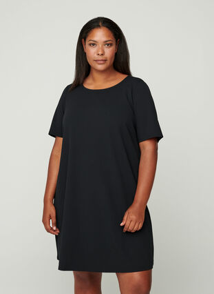 Short-sleeved dress with round neck, Black, Model image number 0