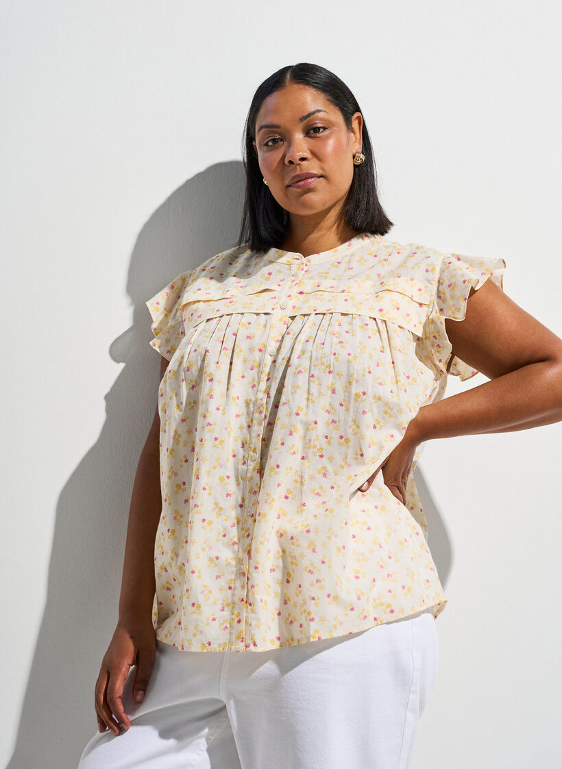 Sleeveless A-line cotton shirt blouse, Yellow, Image image number 0