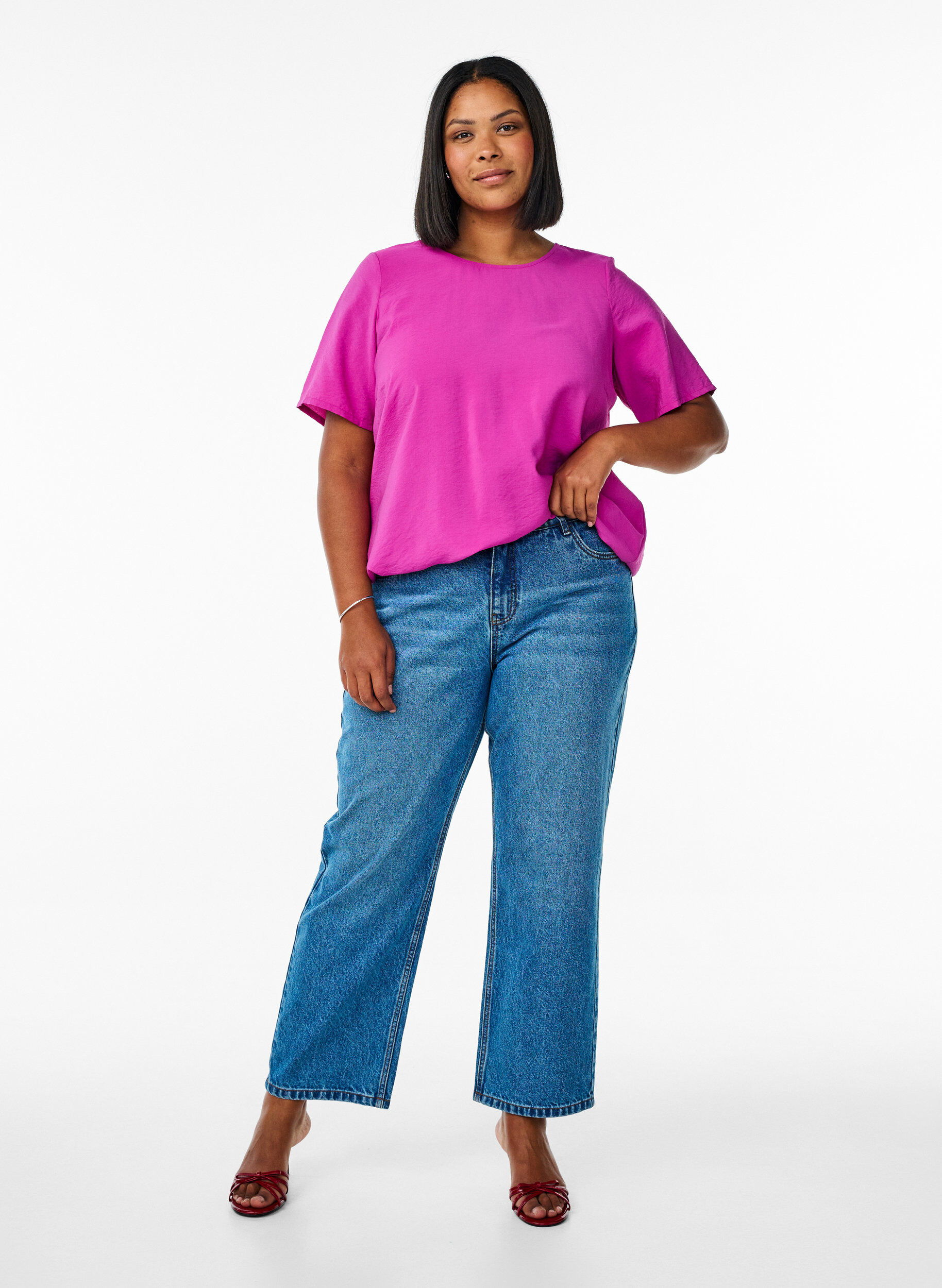 Zizzifashion Short-sleeved blouse with elastic hem, Pink, Model image number 1