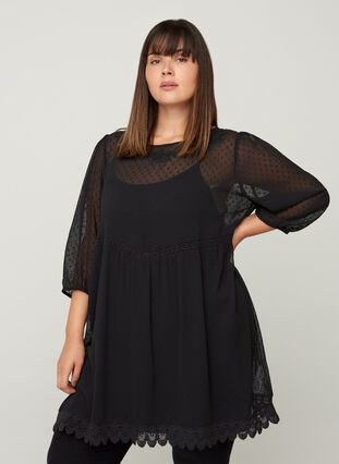 Textured tunic with 3/4 length sleeves, Black, Model image number 0