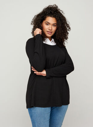 Plain-coloured blouse with long sleeves and collar, Black, Model image number 0