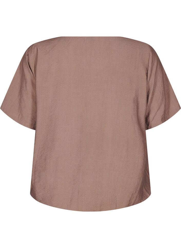 Short-sleeved blouse with elastic hem, Brown, Packshot image number 1