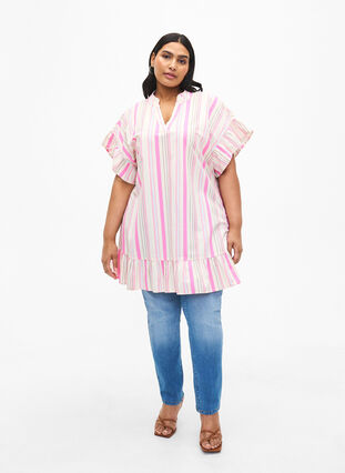Striped cotton tunic, Eggnog Multi Stripe, Model image number 2