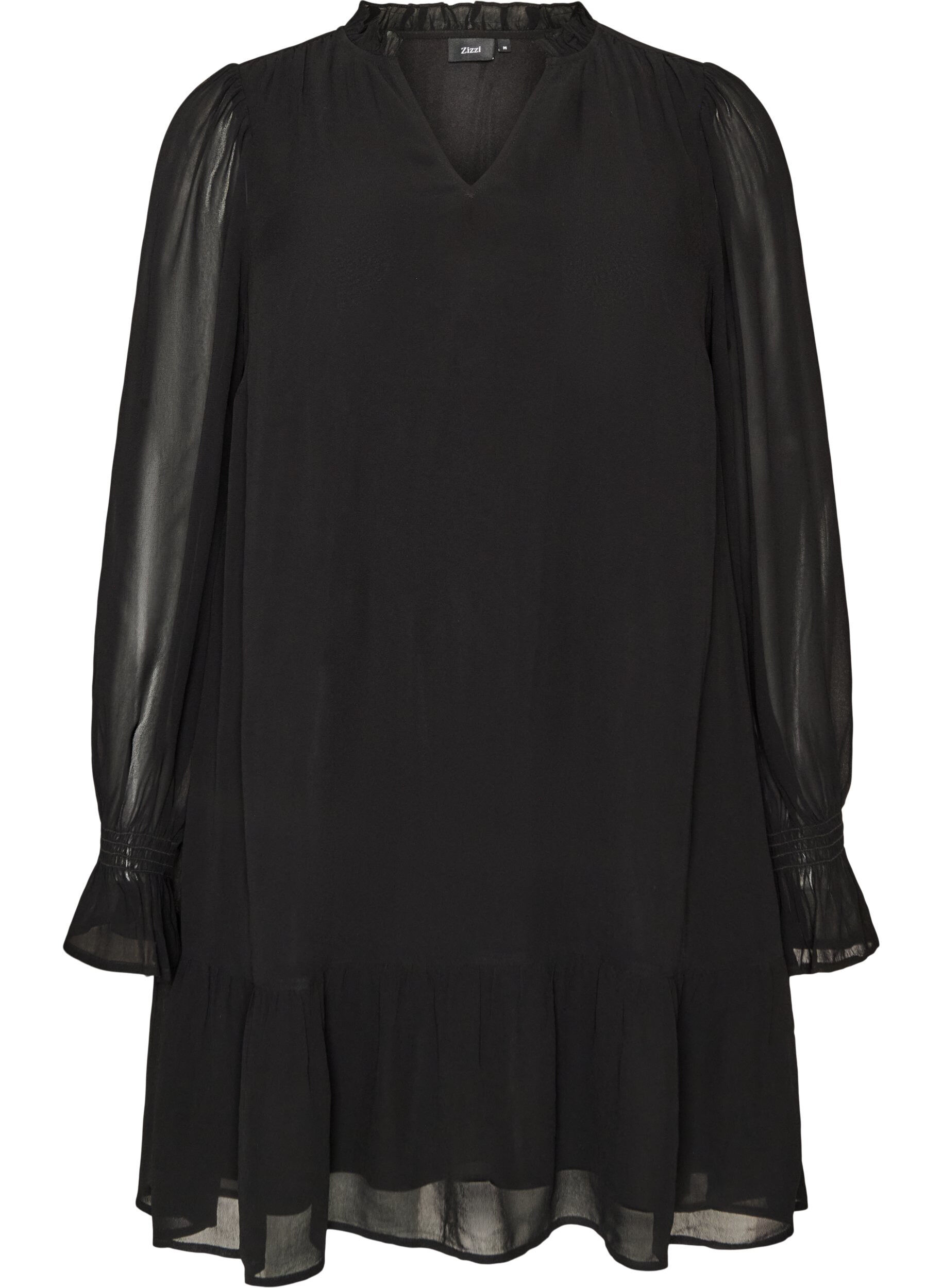 ZizzifashionViscose dress with ruffles and sheer sleeves, Black, Packshot image number 0