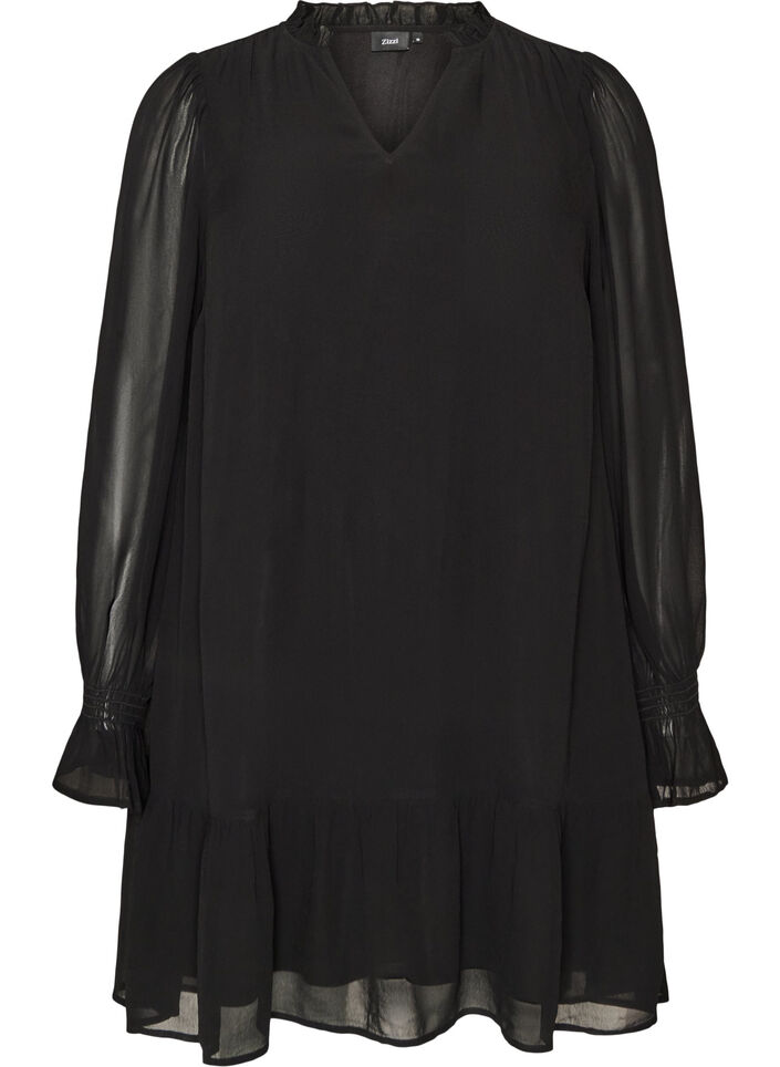 Viscose dress with ruffles and sheer sleeves, Black, Packshot image number 0