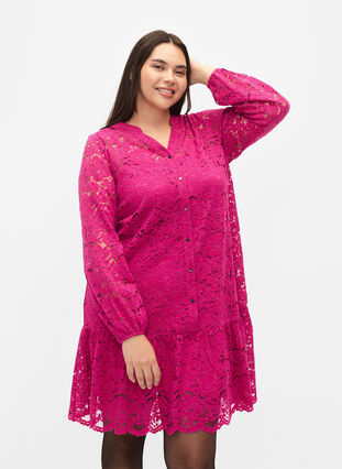 Lace dress with buttons and a-shape, Festival Fuchsia, Model image number 0