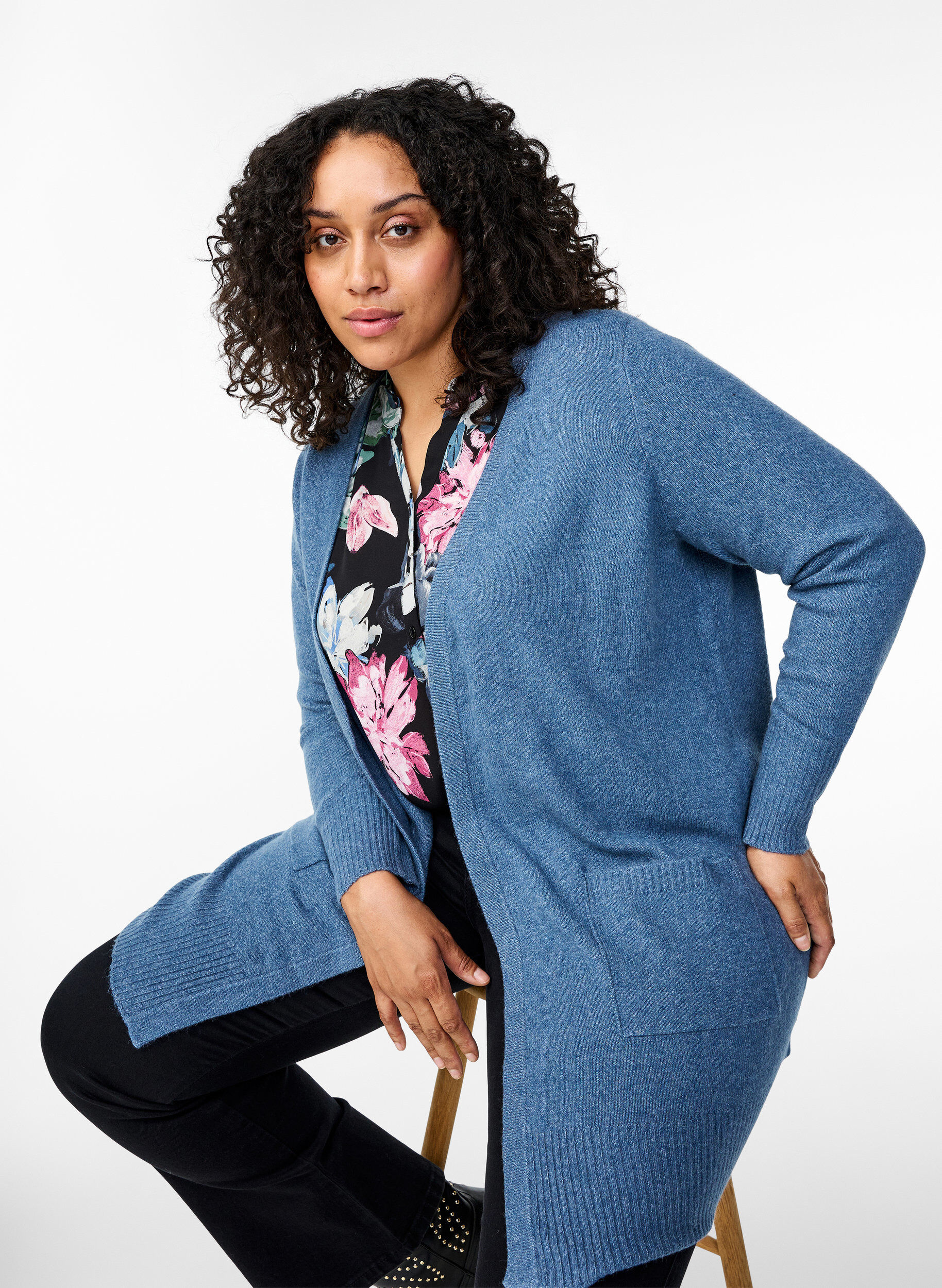 Zizzifashion Ribbed Knit Cardigan with Pockets, Blue, Image image number 0
