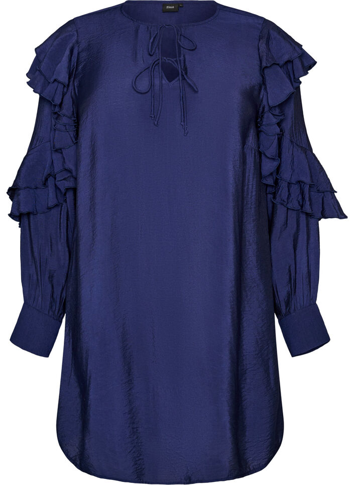 Viscose dress with ruffles and ties, Blue, Packshot image number 0