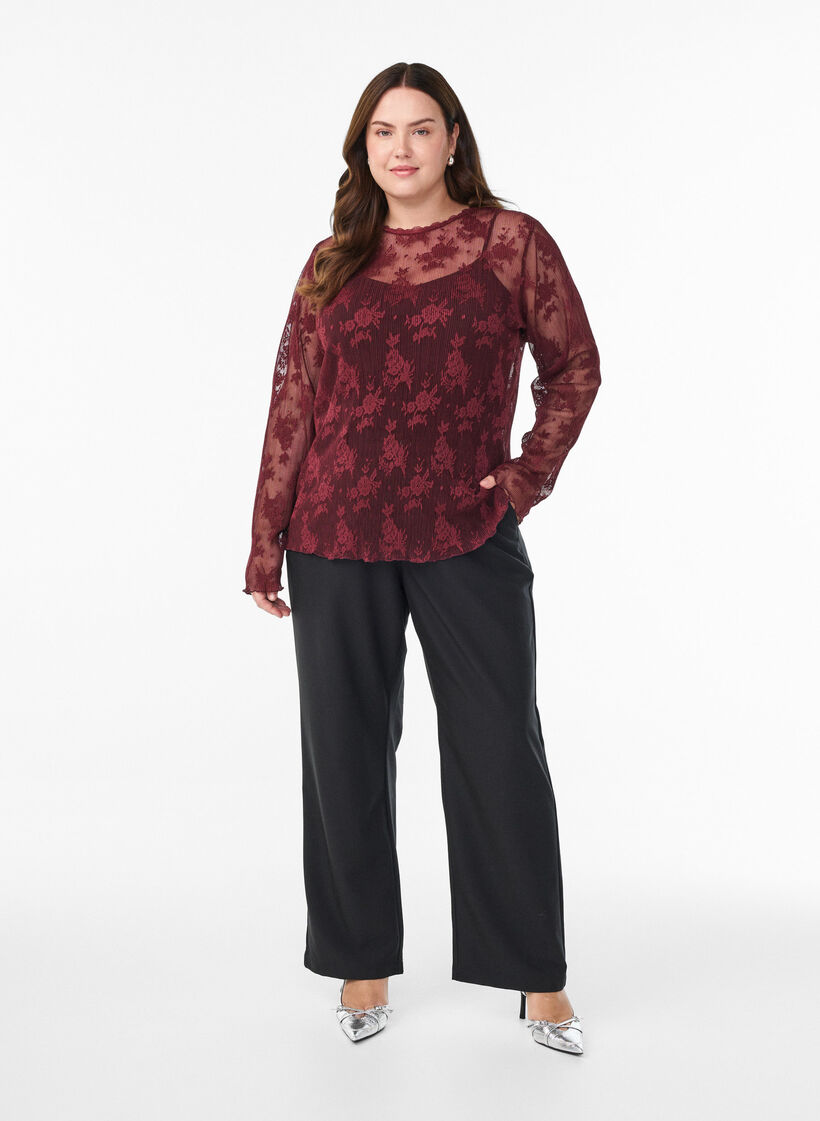 Long-sleeved mesh blouse with lace pattern, Dark Bordeaux, Model image number 1