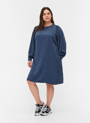 Dress with long puff sleeves, Dark blue denim, Model image number 2