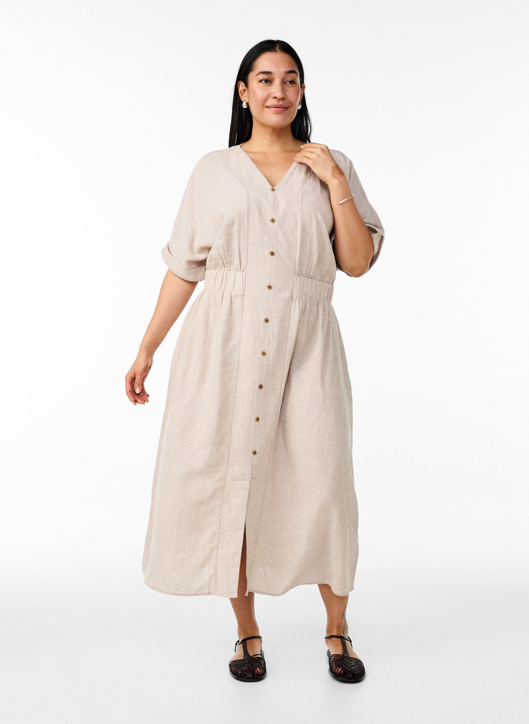 Zizzifashion Linen and viscose midi dress with front slits, Beige, Model image number 0