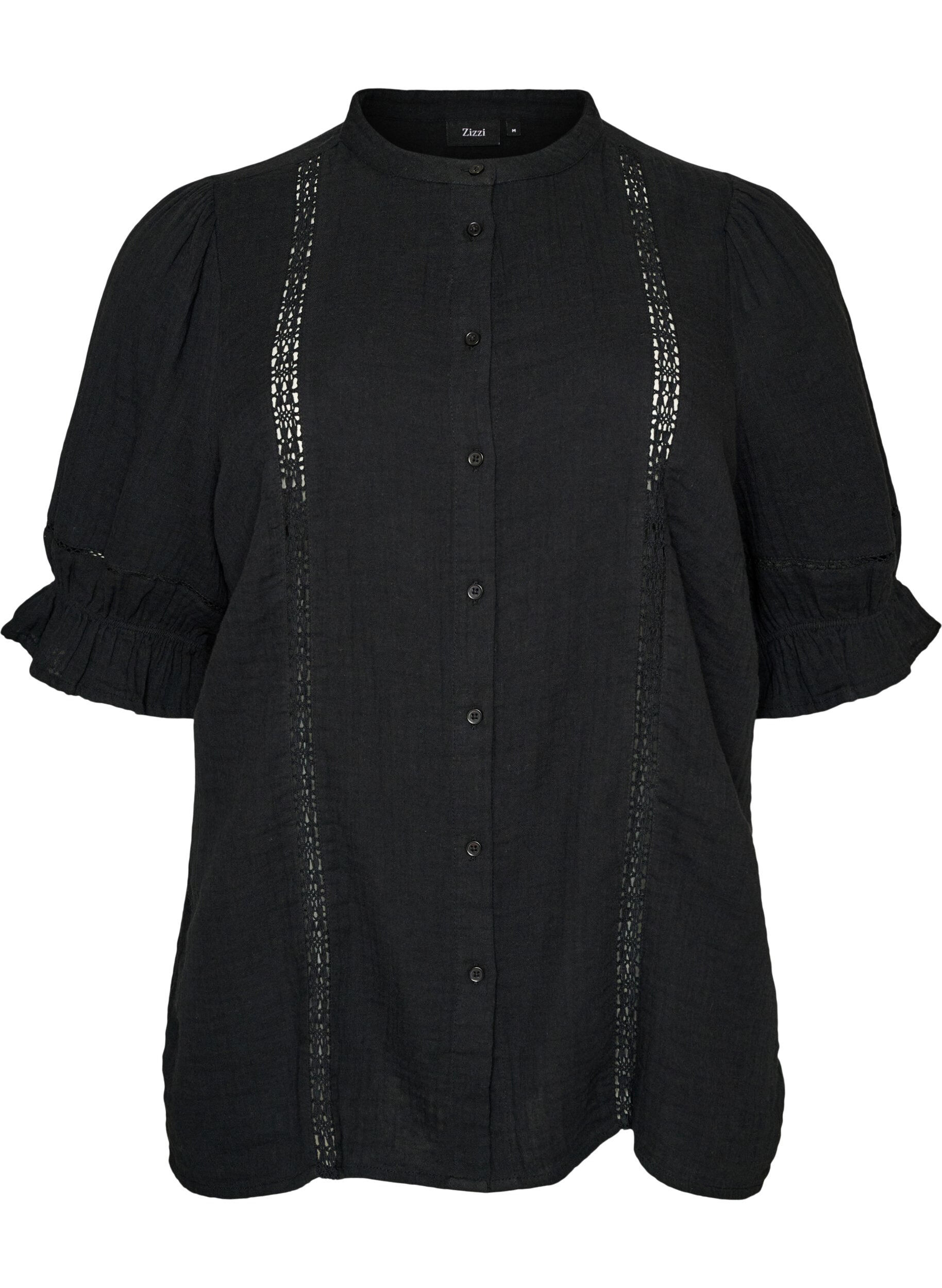 Zizzifashion Short-sleeved cotton muslin blouse with crochet trim, Black, Packshot image number 0