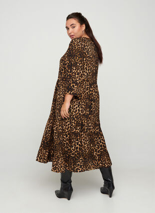 Viscose leopard print midid dress with 3/4 length sleeves, Raw Umber AOP, Model image number 1